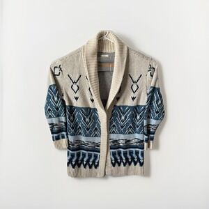 Lucky Brand Open Front Shawl Neck Cardigan Sweater Womens Large Blue Aztec Boho
